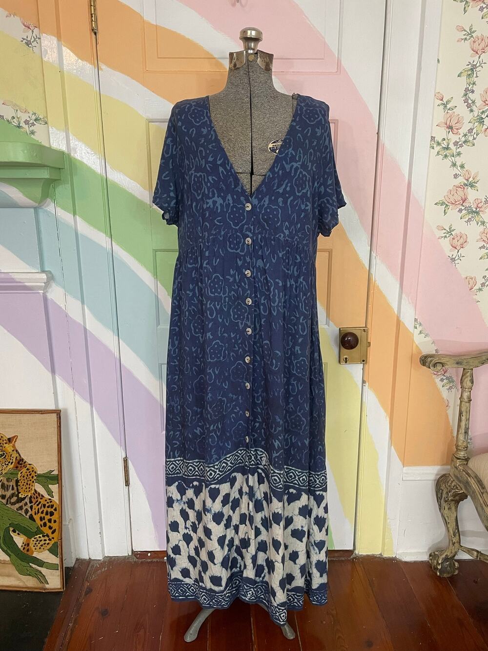 Natural Life Blue Button Front Boho Floral Border Print Maxi Dress Large